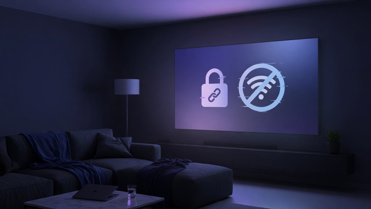 Smart TV em sala escura com símbolos de bloqueio e conexão indisponível