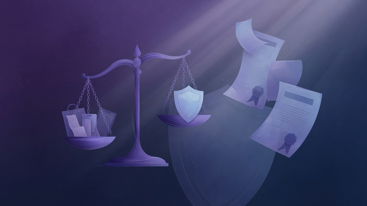 Ilustração com balança da justiça, escudo e documentos em fundo escuro