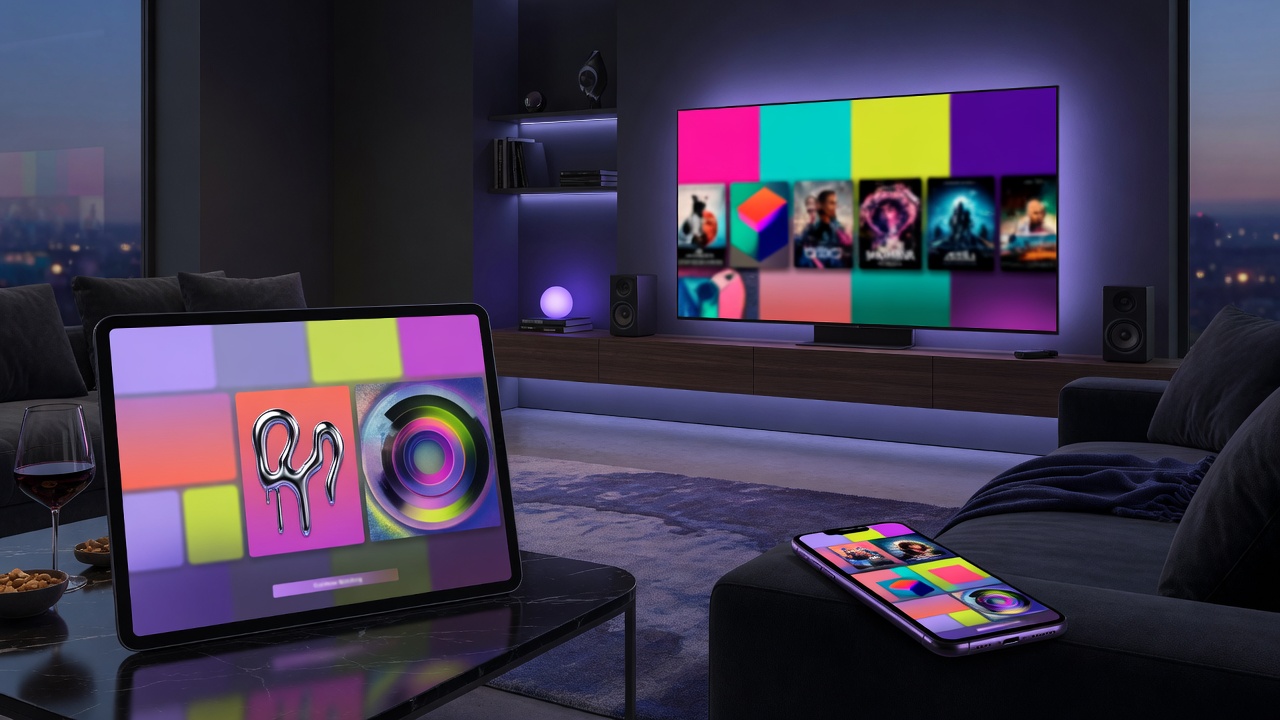 Sala moderna com TV, tablet e celular exibindo conteúdo de streaming multi-dispositivo